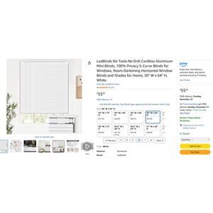 No Drill Cordless Aluminum Mini Blinds S-Curve Blinds Darkening  30" W x 64" H